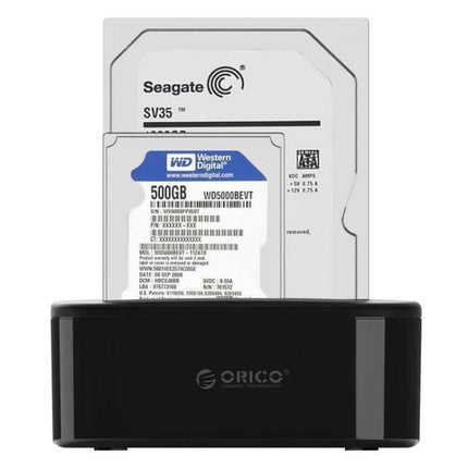 Orico External Hard Drive Dock for 2.5 and 3.5 Inch SATA Drives with 2.5" and 3.5" SATA HDDs docked for backup and file transfer