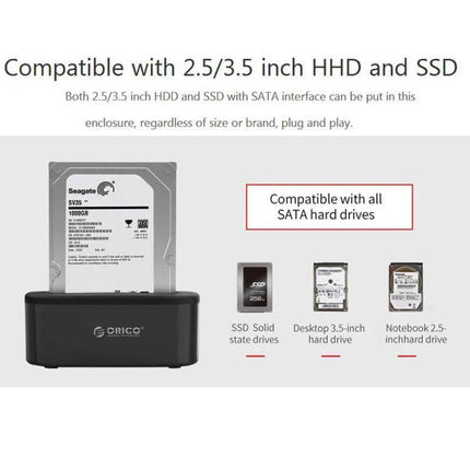 Orico External Hard Drive Dock for 2.5 and 3.5 Inch SATA Drives showing compatibility with 2.5/3.5 inch HDD and SSD for easy backup and file transfer