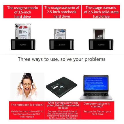 Orico External Hard Drive Dock for 2.5 and 3.5 Inch SATA Drives - dock showing 3.5", 2.5" HDD and 2.5" SSD uses