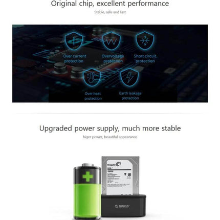 Orico External Hard Drive Dock for 2.5 and 3.5 Inch SATA Drives with upgraded power supply and multi-protection features for HDD and SSD backup