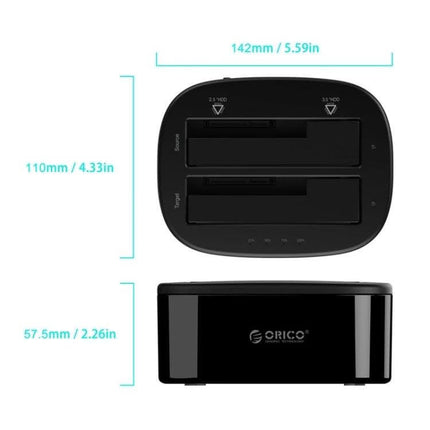 ORICO External Hard Drive Dock with Cloning for 2.5/3.5 Inch Drives - top and front view showing dual 2.5/3.5" bays and dimensions