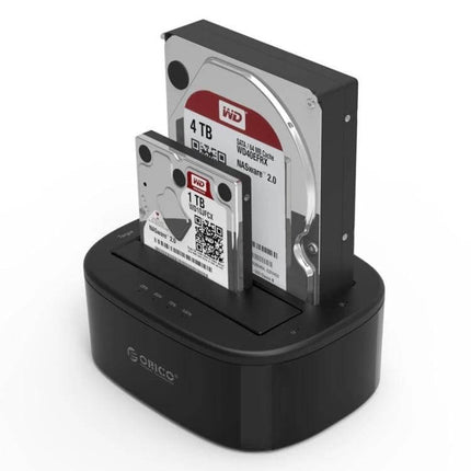 ORICO External Hard Drive Dock with Cloning for 2.5/3.5 Inch Drives showing 2.5" and 3.5" HDDs in dock for cloning and backup