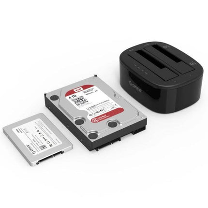 ORICO External Hard Drive Dock with Cloning for 2.5/3.5 Inch Drives showing dock with 2.5" SSD and 3.5" HDD ready for cloning and backup