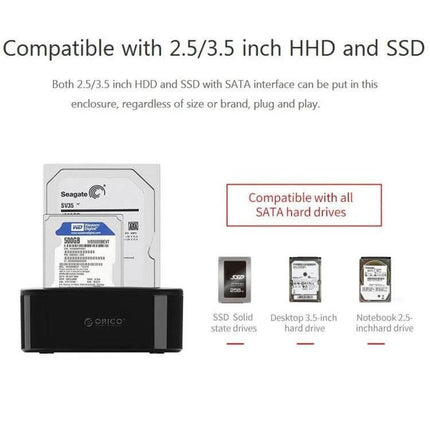 ORICO External Hard Drive Dock with Cloning for 2.5/3.5 Inch Drives showing compatibility with 2.5 and 3.5 inch HDD and SSD, SATA plug-and-play