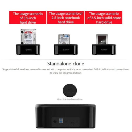ORICO External Hard Drive Dock with Cloning for 2.5/3.5 Inch Drives showing standalone cloning of 3.5", 2.5" HDD and 2.5" SSD