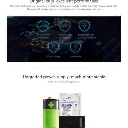 ORICO External Hard Drive Dock with Cloning for 2.5/3.5 Inch Drives showing protective chip features and upgraded power supply with HDD and battery icon