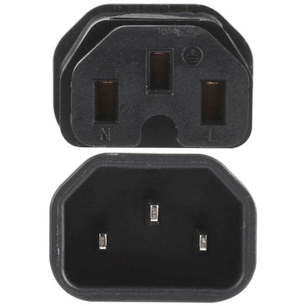 C13 to C15 Groove AC Power Adapter for Computers and Servers black inline connector showing C13 plug and C15 socket