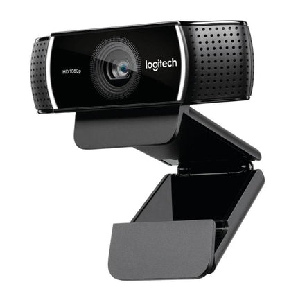 Logitech HD Webcam for Video Calls with Auto Focus and Microphones showing front-facing lens and clip mount for home office and remote work
