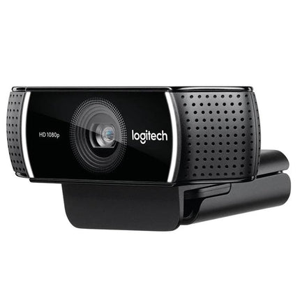 Logitech HD Webcam for Video Calls with Auto Focus and Microphones showing front lens and clip-on mount for home office use