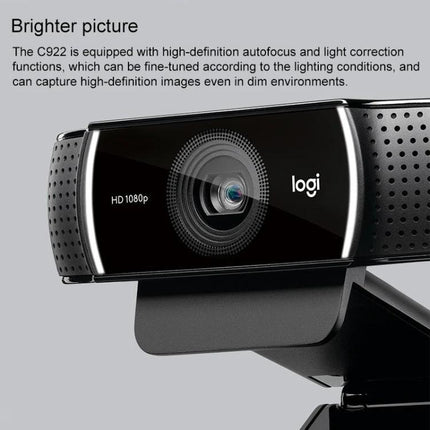 Logitech HD Webcam for Video Calls with Auto Focus and Microphones showing front lens, HD 1080p badge and clip mount in home office setting