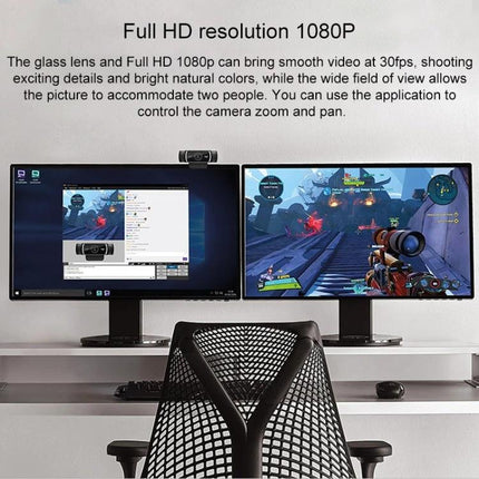 Logitech HD Webcam for Video Calls with Auto Focus and Microphones mounted above dual monitors in home office setup showing 1080P video
