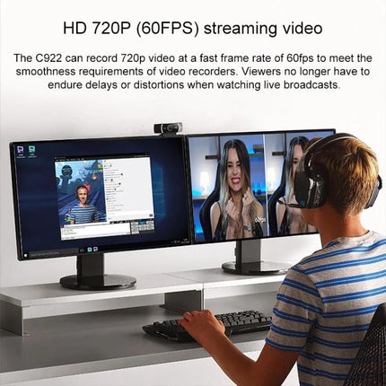 Logitech HD Webcam for Video Calls with Auto Focus and Microphones showing dual monitor video chat in home office
