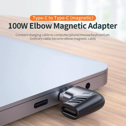 Essential Magnetic Adapter for Everyday Device Charging shown as a 100W Type-C elbow magnetic connector attached to a laptop