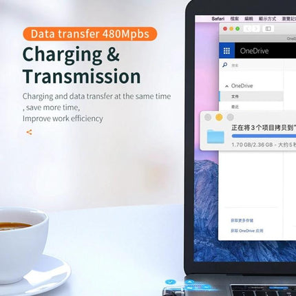 Essential Magnetic Adapter for Everyday Device Charging showing laptop charging and 480Mbps data transfer for tidy desk setups