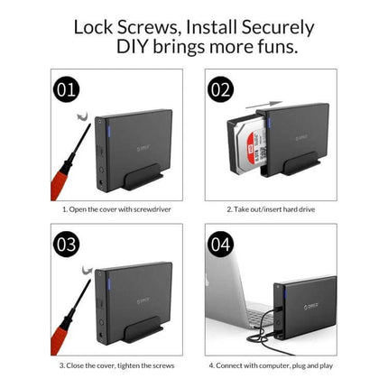 ORICO 8TB USB-C HDD Enclosure for Portable Data Storage showing 4-step DIY installation with screws, drive insertion and USB-C connection to laptop
