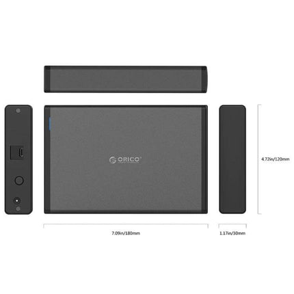 ORICO 8TB USB-C HDD Enclosure for Portable Data Storage - gray aluminum vertical 3.5-inch SATA external drive with dimensions and ports