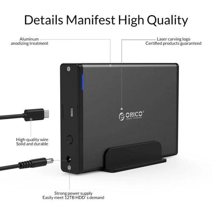 ORICO 8TB USB-C HDD Enclosure for Portable Data Storage black vertical aluminum alloy 3.5-inch SATA external drive with USB-C cable