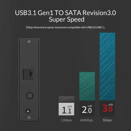 ORICO 8TB USB-C HDD Enclosure for Portable Data Storage showing USB3.1 Gen1 to SATA 3.0 speed comparison and vertical aluminum design