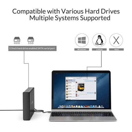 ORICO 8TB USB-C HDD Enclosure for Portable Data Storage connected to a laptop showing compatibility with HDD/SSD and Windows, Linux, Mac systems