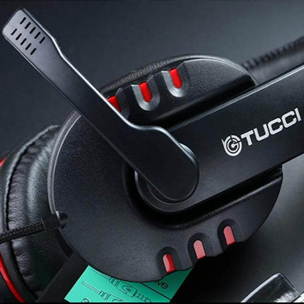 Tucci Wired Stereo PC Headset With Built In Microphone close-up showing microphone boom and vented earcup, ergonomic padded headband
