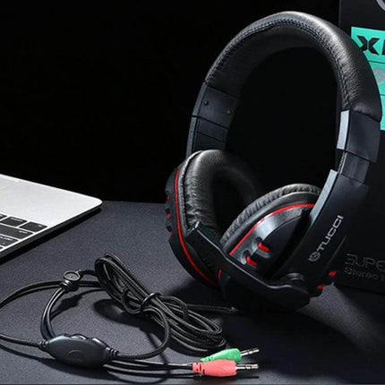 Tucci Wired Stereo PC Headset With Built In Microphone ergonomic black headset with mic, vented earcups and wired 40mm speakers