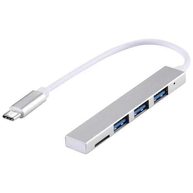 USB-C Hub Adapter with TF Card Reader and Multiple USB Ports showing silver hub with TF slot and three USB ports connected by white Type-C cable