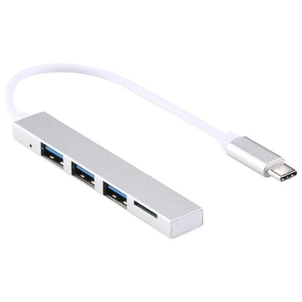 USB-C Hub Adapter with TF Card Reader and Multiple USB Ports shown silver with three USB-A ports and TF card slot