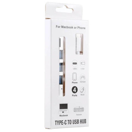 USB-C Hub Adapter with TF Card Reader and Multiple USB Ports white retail box showing Type-C to USB hub and 4 ports
