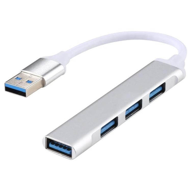 Aluminum 4-Port USB 3.0 Hub for Expanding Device Connections - slim aluminum USB 3.0 hub with four blue-port connectors and short cable