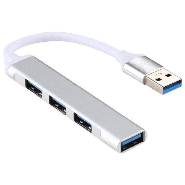 Aluminum 4-Port USB 3.0 Hub for Expanding Device Connections slim aluminum design with four blue USB 3.0 ports and short cable