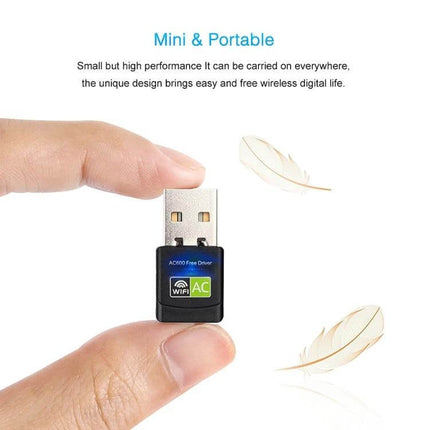 Dual Band USB WiFi Adapter for Wireless Internet Connectivity - compact portable USB WiFi dongle held between fingers for easy upgrade
