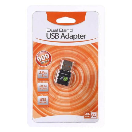 Dual Band USB WiFi Adapter for Wireless Internet Connectivity - compact USB WiFi adapter in retail packaging, 600Mbps, supports 2.4GHz and 5GHz