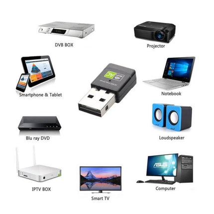 Dual Band USB WiFi Adapter for Wireless Internet Connectivity shown with compatible devices (notebook, smartphone, smart TV, router, projector)