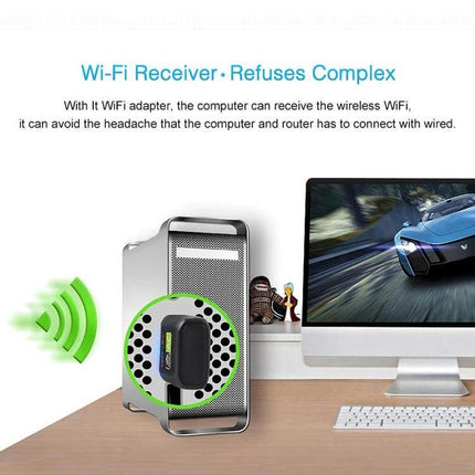 Dual Band USB WiFi Adapter for Wireless Internet Connectivity plugged into desktop tower enabling 2.4GHz and 5GHz wireless access for streaming and browsing