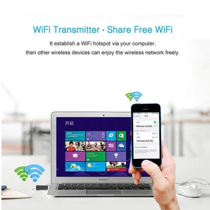 Dual Band USB WiFi Adapter for Wireless Internet Connectivity showing laptop and smartphone sharing WiFi hotspot