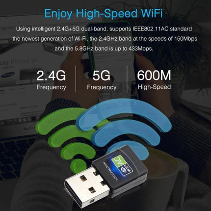 Dual Band USB WiFi Adapter for Wireless Internet Connectivity - compact USB adapter showing 2.4GHz and 5GHz icons for high-speed connection