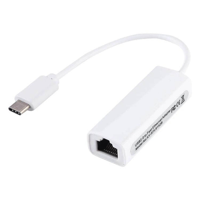 USB-C Ethernet Adapter for Reliable Network Connections — white USB-C to RJ45 dongle for stable wired internet in offices and cafes