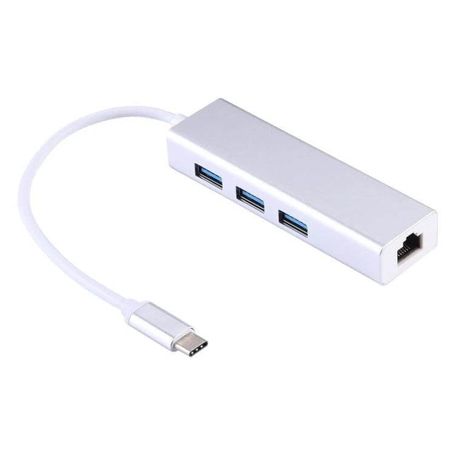 USB-C Hub with Multiple Ports and Ethernet for Device Connectivity silver adapter showing three USB ports and RJ45 Ethernet