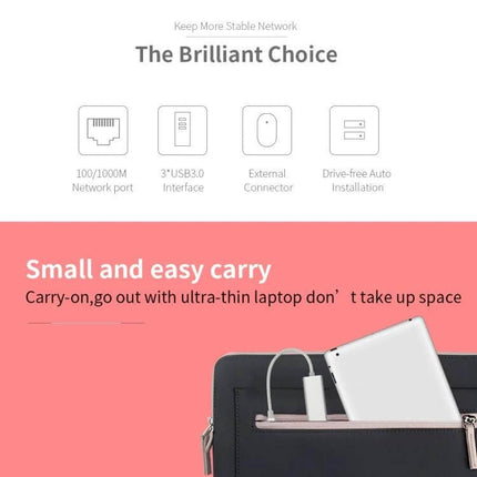 Usb-C Hub with Multiple Ports and Ethernet for Device Connectivity compact hub showing Ethernet, USB3.0 ports and tablet fitting in bag