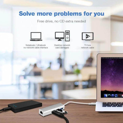 USB-C Hub with Multiple Ports and Ethernet for Device Connectivity shown connected to laptop with Ethernet and USB devices in office setting