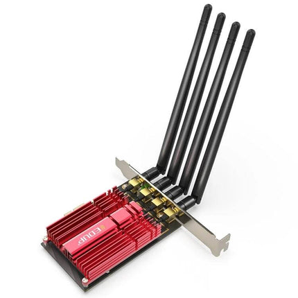 Edup Dual-Band Wireless Network Adapter for Desktops PCIe card with four external antennas, red heatsink for improved desktop WiFi performance