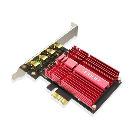 Edup Dual-Band Wireless Network Adapter for Desktops PCIe card with red heatsink and external antenna ports, 2.4GHz/5GHz desktop WiFi upgrade