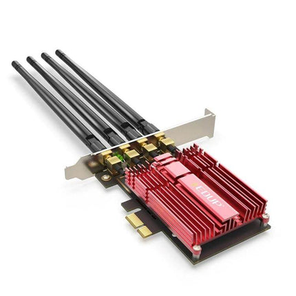 Edup Dual-Band Wireless Network Adapter for Desktops PCIe card with red heatsink and four external antennas for desktop WiFi upgrade