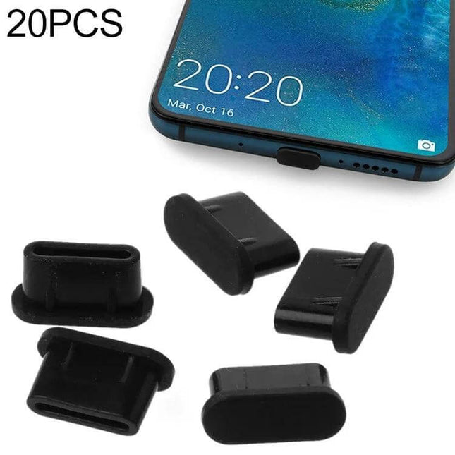 Set of 20 Silicone Anti-Dust Plugs for USB-C Ports - black silicone USB-C port protectors for phones and devices