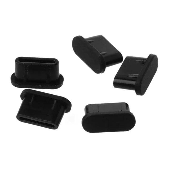 Set of 20 Silicone Anti-Dust Plugs for USB-C Ports black silicone plugs shown from multiple angles protecting USB-C ports