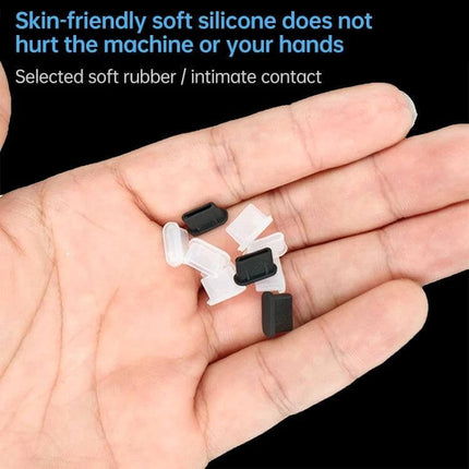 Set of 20 Silicone Anti-Dust Plugs for USB-C Ports shown in hand, black and white silicone USB-C port covers