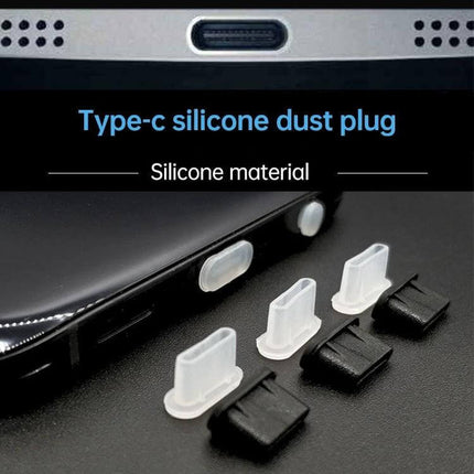 Set of 20 Silicone Anti-Dust Plugs for USB-C Ports showing white and black silicone USB-C dust plugs inserted and lined up