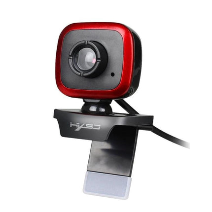 HXSJ Adjustable 360-Degree Rotation Webcam for Video Calls – red and black compact HD webcam with clip mount and detachable plug-in microphone