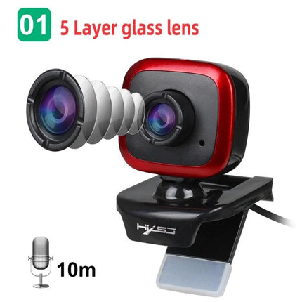 HXSJ Adjustable 360-Degree Rotation Webcam for Video Calls showing 5-layer glass lens, adjustable clip mount and detachable plug-in microphone