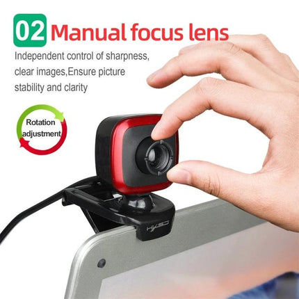 HXSJ Adjustable 360-Degree Rotation Webcam for Video Calls showing manual focus lens and rotation adjustment clipped to laptop